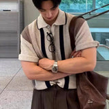 AIDASE  -  New Summer Knit Men's Polo Shirt Korean Fashion Hollow Out Mesh Lapel Striped Short Sleeve Casual Loose Polo Shirts aidase-shop