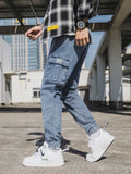 Aidase Spring Autumn Men's Jeans Multi-Pockets Work Wear Cargo Pants Black Blue Elastic Waist Denim Joggers Big Size Jean Trousers 8XL