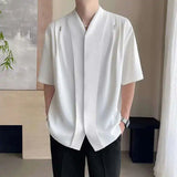 AIDASE  -  Summer New Ice Silk Drape Mid Sleeved Men's Shirt V-neck Korea Fashion Casual Male Tops Loose aidase-shop