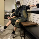 AIDASE  -  Summer New Men Tide Punk Vintage Style Washed Denim Vest Torn Shorts Set Hip Hop Trend High Street Sleeveless Jacket aidase-shop