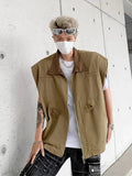 AIDASE  -  Autumn Men's Zipper Sleeveless Denim Jackets Outwear Streetwear Khaki Cargo Vest Coats New Hip Hop Fashion Working Clothes aidase-shop