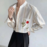 AIDASE  -  Rose Printing Men's Shirts Colorful Striped Deign Stand Collar Long Sleeved Contrast Color Single Breasted Male Tops aidase-shop