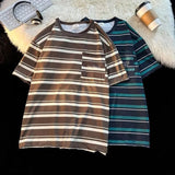 AIDASE  -  Men's Contrasting Striped T-shirt Japanese Retro Male Short Sleeved Summer Loose Casual Round Neck Pullover