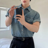 AIDASE  -  Summer New Men's Tide Korean Stylish Elegant Fashion Washed Denim Shirt Chic Casual Short Sleeve Vintage Shirts Tops aidase-shop