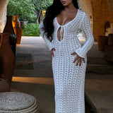 AIDASE  -  Chic Female Solid Tie-up Long Sleeve Hot Robe Dress Sexy Bag Hips Party Dress Women Fishnet Transparent Beach Maxi Dress aidase-shop