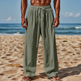 AIDASE  -  European and American New Cotton and Linen Loose Men's Loose Solid Color Casual Lace-up Trousers aidase-shop