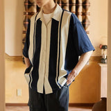 Aidase  Men Trendy Japanese Style Vintage Striped Patchwork Button Down Shirt New Summer Youth Harajuku Y2K Short Sleeve Loose Tops aidase-shop