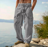 AIDASE  -  Men's Cotton Linen Cargo Pants Elastic Waist Drawstring Multi-Pocket Loose Wide Leg Casual Summer Trousers For Hiking Travel aidase-shop