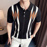 AIDASE  -  Contemporary Men's Polo: White Shirt with Earth-Tone Geometric Lines | Office-to-Outing Versatility M-4XL aidase-shop