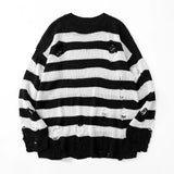 AIDASE  -  Black Stripe Sweaters Destroyed Ripped Sweater Men Pullover Hole Knit Jumpers Men Oversized Sweatshirt Harajuku Long Sleeve Tops aidase-shop