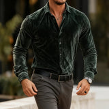 AIDASE  -  Stylish Solid Color Velvet Shirts Mens Long Sleeve Button-up Turn-down Collar Casual Shirt Fall Winter Daily Leisure Men Shirts aidase-shop