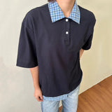 AIDASE  -  Fake Two-piece Men T-shirts Lapel Plaid Design Contrast Color Patchwork Casual Menswear Loose Short Sleeve Male Tees