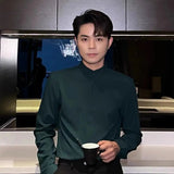 AIDASE  -  Men's Light Mature Shirt Stand Up Collar Slim Three Quarter Sleeves Male Blouse No Ironing Business Ice Silk Long Sleeved Top aidase-shop