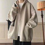 Hop Style Hooded Sweatshirt Men Sweatshirt Coat Hop Style Loose Fit Jacket Men's Solid Color Waffle Texture Coat with for Autumn aidase-shop