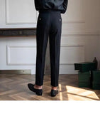 AIDASE  -  Seersucker Naples Suit Trousers Mens British Stylish High-waisted Belt Design Straight Pants Summer Slim Business Casual Pants aidase-shop