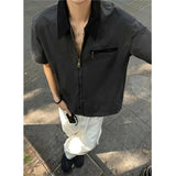 AIDASE  -  Heavyweight Japanese Style Zipper Workwear Short Sleeve Shirt Men Summer Loose Fit American Retro Detroit Jacket Casual Shirt aidase-shop