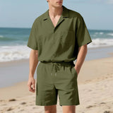 AIDASE  -  Summer Daily Casual Mens Two Pieces Sets Short Sleeve Button-up Lapel Shirt And Shorts Beach Outfits Men Solid Color Suits