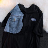 Aidase Vintage Personalized Design Denim Patchwork Short Sleeved T-shirt for Men and Women Fashion Couples Loose Casual Hip-hop Top aidase-shop