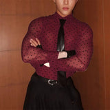AIDASE  -  Men Shirt Polka Dot Printing Lapel Long Sleeve Button Men Clothing Mesh See Through Loose Fashion Male Shirts Streetwear aidase-shop