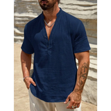 AIDASE  -  Men's Linen Blend Henley Shirt Short Sleeve V Neck Casual Summer Beach Top aidase-shop