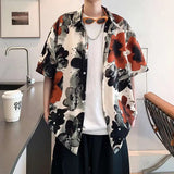 AIDASE  -  Ice Silk Men's Short Sleeved Shirt 2025 Contrast Color Print Summer Turn-down Collar Male Tops New Loose aidase-shop