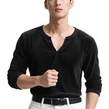 AIDASE  -  Men T Shirt Solid Color V Neck Long Sleeve Velour Casual Male Tee Tops Streetwear 2025 Loose Fashion Men Clothing S-3XL aidase-shop