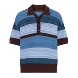 Aidase American Vintage Striped Knitted Polo Shirt For Men Fashion Contrast Color Hollow Out Kint Tops New Summer Short Sleeve Tshirs