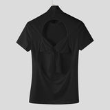 AIDASE  -  Men T Shirt Turtleneck Short Sleeve Hollow Out Backless Male Tee Tops Streetwear Bowknot Fashion Casual Men Clothing aidase-shop