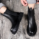 Aidase Brand Classic Black High Top Boots Men High Heel Genuine Leather Ankle Chelsea Boots Men British Style Thick Sole Mid Top Boots aidase-shop