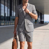 AIDASE  -  Men Plaid 2 Piece Summer Suit Short Sleeve Blazer Matching Knee Length Shorts Set Casual Daily Business Vacation Formal Outfit aidase-shop
