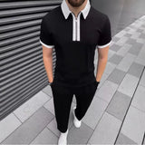 AIDASE  -  Summer Men's POLO Shirt Zipper Contrasting Color Lapel Short-sleeved Top Casual Solid Color Trousers Set aidase-shop