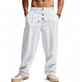 AIDASE  -  Men's High Waist Linen Wide Leg Pants with Button Detail Elastic Drawstring Casual Trousers for Men aidase-shop