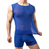 AIDASE  -  Sexy Sleeveless Mesh Transparent T-shirts Mens Lounge Undershirts Tank Tops Sexy Homme Boxer Shorts Gym Homewear Men Clothes Set aidase-shop