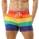 Aidase Men's Shorts Rainbow Stripe Fashion Casual Shorts Mesh Breathable Drawstring Sports Shorts Gym Men Boxer Shorts Bottoms Pocket aidase-shop