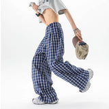 AIDASE  -  Spring Summer Mens Fashion Oversize Plaid Pants Wide Leg Buttons Long Trousers Elastic Waist Casual Bottoms Wear Plus Size aidase-shop