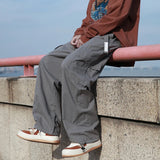 AIDASE  -  Vintage Cargo Pants Men Fashion Streetwear Pockets Wide Leg Straight Y2k Casual Trousers Baggy Drawstring Overalls Black/Gray aidase-shop