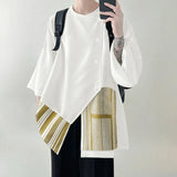 AIDASE  -  Men Irregular Shirt Striped Patchwork 3/4 Sleeve Loose Men Clothing Korean Style Streetwear Fashion Casual Male Shirts aidase-shop