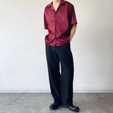 Aidase Summer Men's Stylish Shirt Cuban collar Satin Silk Wine Red Dress Shirts Short Sleeve Tops Wedding Prom Party Holiday Blouse Man