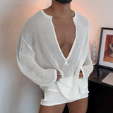 AIDASE  -  Men Sweater Solid V Neck Long Sleeve Hollow Out See Through Male Pullovers Streetwear Loose Fashion Casual Men Clothing aidase-shop