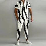 AIDASE  -  Fashion Striped Print Mens Tracksuits Spring Summer Short Sleeve Lapel Zipper Tops and Pants Two Piece Sets Men Sports Clothing aidase-shop