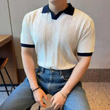 AIDASE  -  Images Simple Striped Ice Silk Elastic Jacquard Turn-down Collar Short Sleeved T-shirt 2025 Contrast Color Male Tops aidase-shop