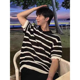 AIDASE  -  Loose Fit Summer Japanese Style Knitted Short Sleeve Polo Shirt Men's Casual Turn-down Collar Striped Top Fashion Urban aidase-shop