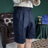 Aidase British Style Men Naples Linen Shorts Paris Waist Buckle Button Knee Length Pant Summer High Quality Casual Loose Short Trouser