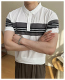 AIDASE  -  Summer New British Slim-Fitting Gray and White Striped Short-Sleeved Polo Shirt Men's T-shirt aidase-shop