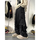 Aidase Spring Autumn Men's Clothing Solid Color Elastic High Waisted Pockets Casual Loose Fashion Trousers Cargo Preppy Style Pants