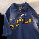 25.4Aidase American Retro Personalized Lapel Tie Short Sleeved Men and Women Summer Street Loose Hip-hop Letter Graphic T-shirt Top Y2k aidase-shop