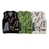 AIDASE  -  Retro Cartoon Graphic DesignJacquard V-neck Knit Sweater Vest Men Loose Harajuku Casual Sweater Vest Pullover Top Streetwear aidase-shop