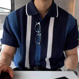 AIDASE  -  New Summer Knit Men's Polo Shirt Korean Fashion Hollow Out Mesh Lapel Striped Short Sleeve Casual Loose Polo Shirts aidase-shop