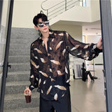 Aidase Men Sexy Feather Hollowed Out Shirt Men's Lapel Long Sleeved Transparent Clothing Streetwear Casual Loose Trendy Design Tops
