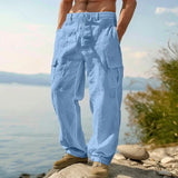 AIDASE  -  Men's Cotton Linen Cargo Pants Elastic Waist Drawstring Multi-Pocket Loose Wide Leg Casual Summer Trousers For Hiking Travel aidase-shop